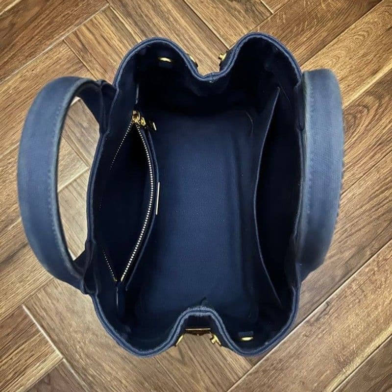 PRADA Canapa Tote Bag Navy Canvas Handbag Shoulder Strap Included Triangle Logo