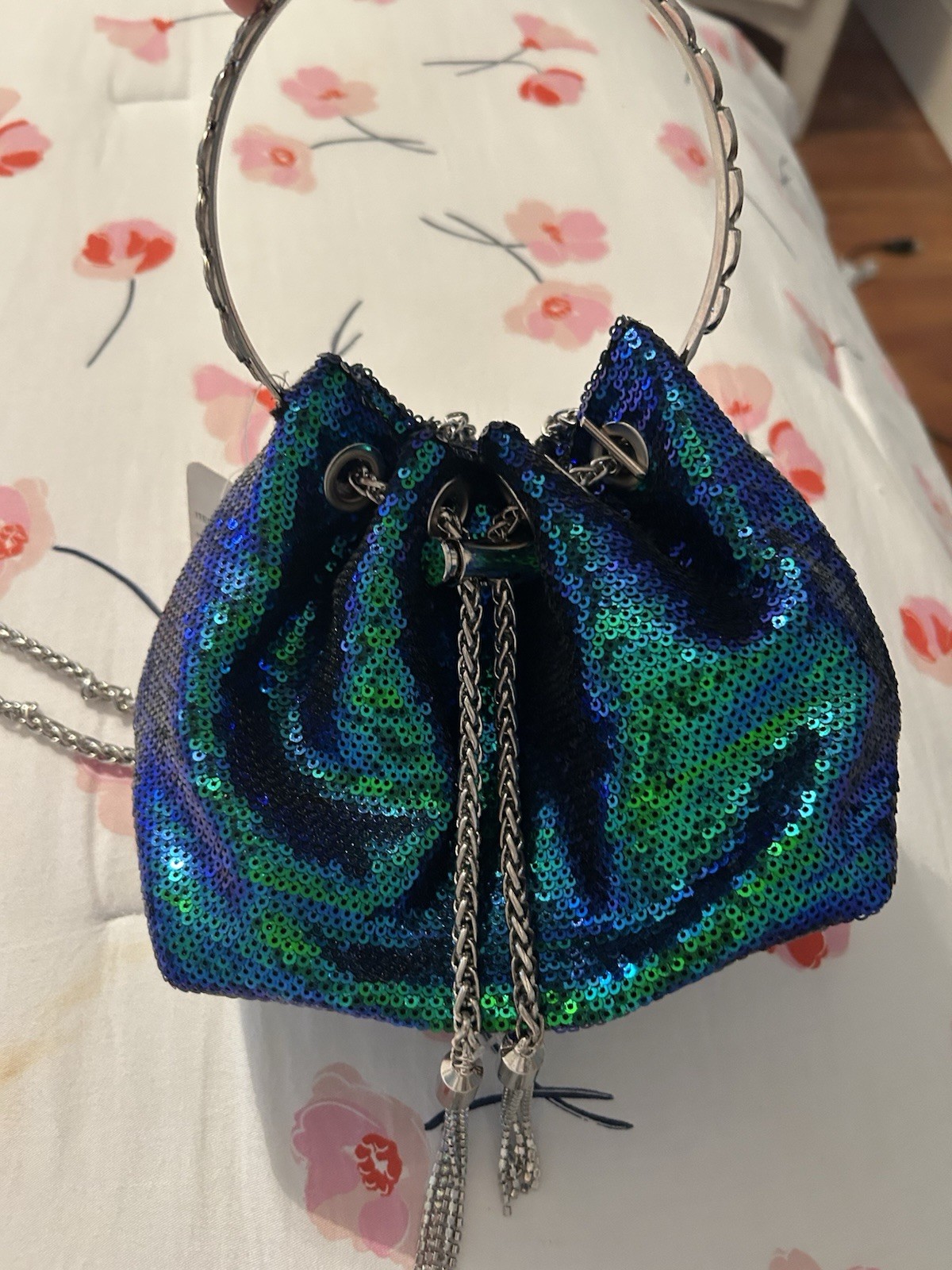 CYC MODA Women’s Blue Green Sequin Beaded Drawstring Bucket Bag Silver Chain