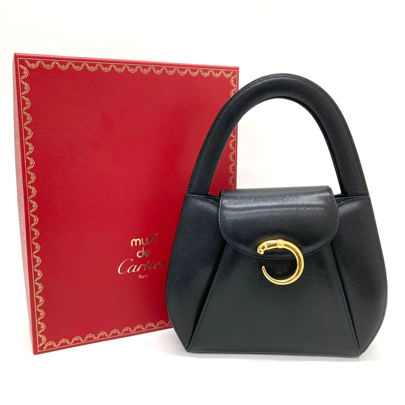 Cartier Panthere Black Calfskin Top Handle Bag 18x19x6.5cm Vintage Authentic