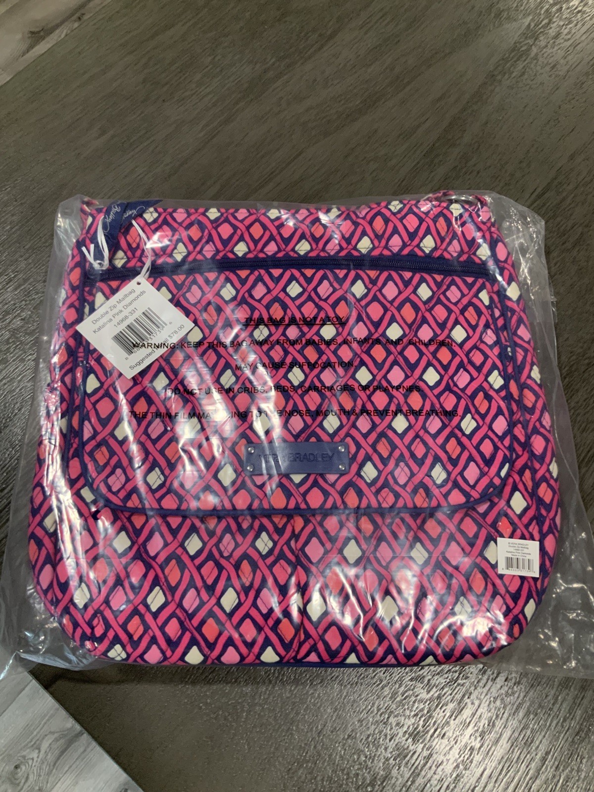 VERA BRADLEY CROSSBODY Katalina Pink Diamonds DOUBLE ZIP MAILBAG. NEW WITH TAG
