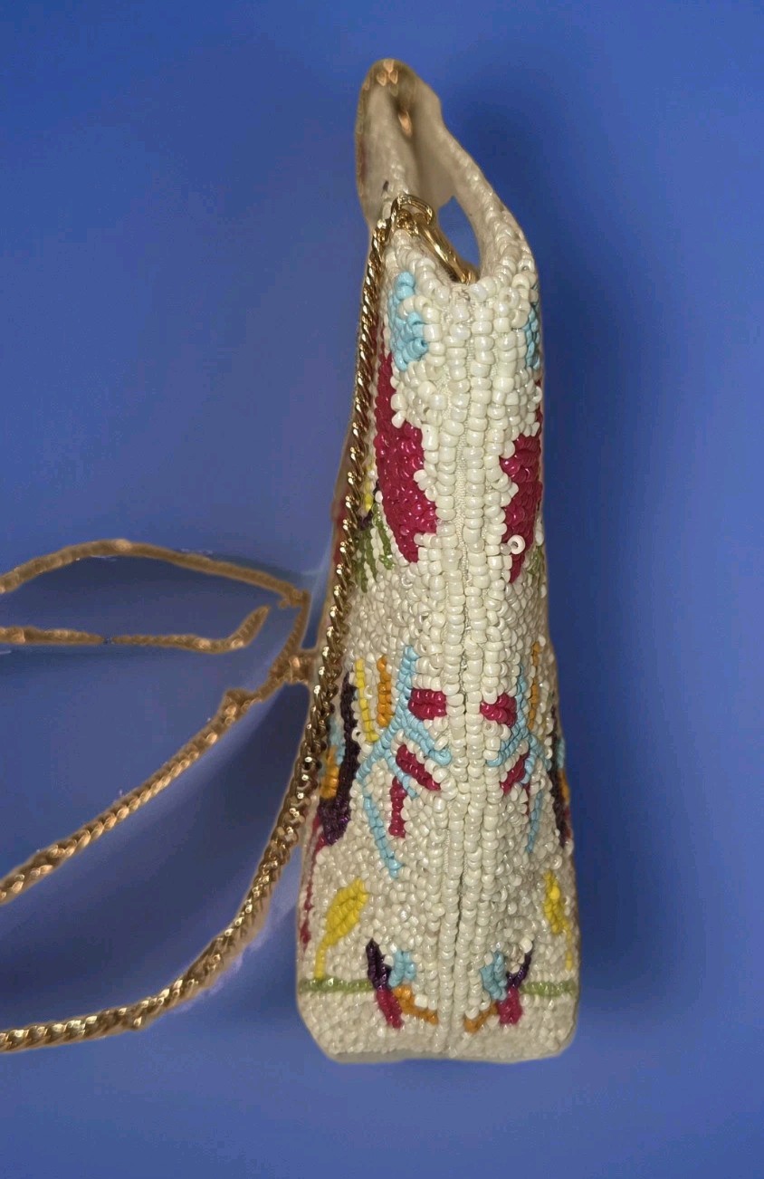Beaded Peacocks Flowers Clutch Purse Flora Half Moon Style Bamboo Trading Co NWT