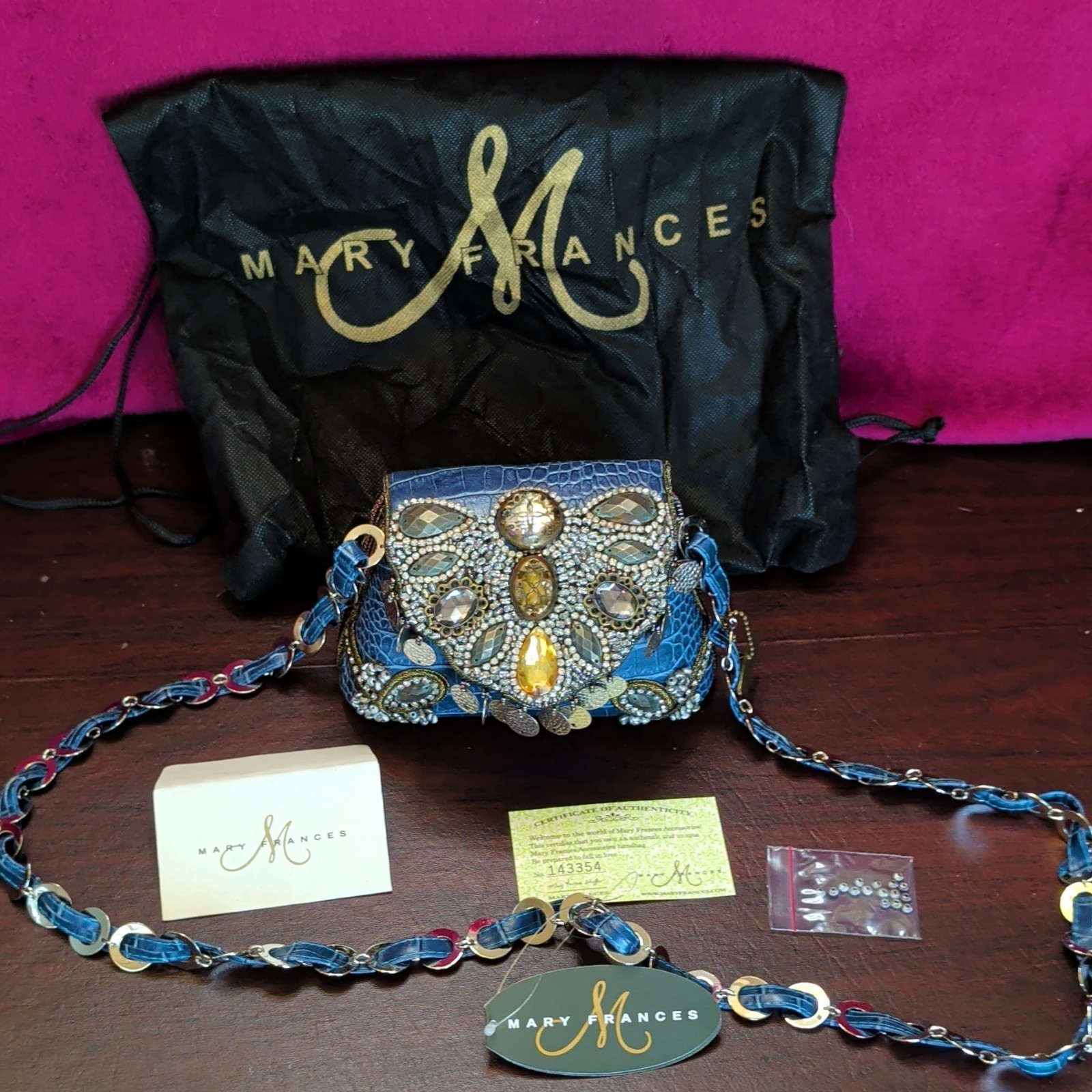 Mary Frances Blue Beaded Rhinestone Croc Embossed Crossbody Zip, Dust Bag