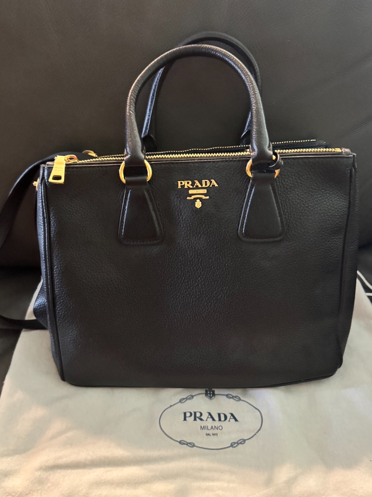 Prada Vitello Daino Handbag BN2420 Tote Authentic Black