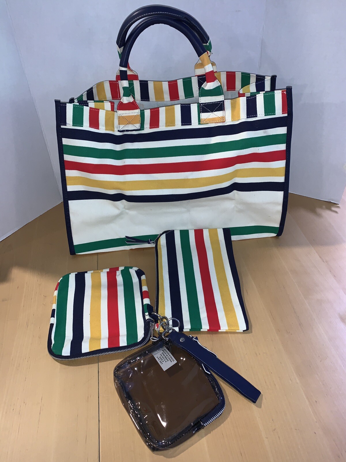 ROAMANS Tote Organizer Set -Large Tote + 3 Pouches Colorful Multi Stripe NWT