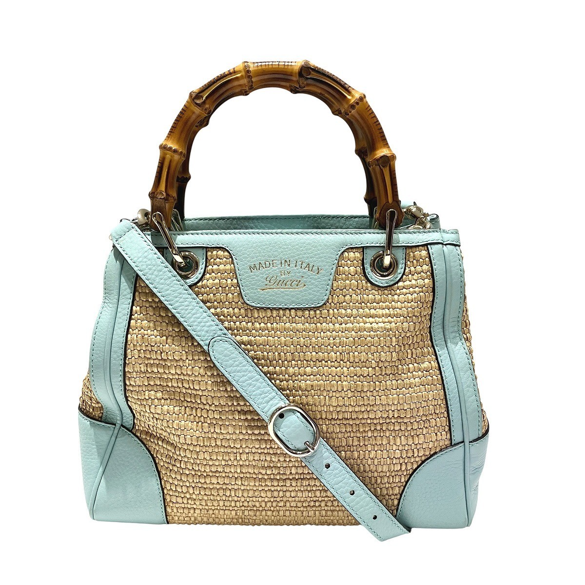 GUCCI Bamboo Shopper Shoulder Bag Straw x leather 336032 Free shipping Used