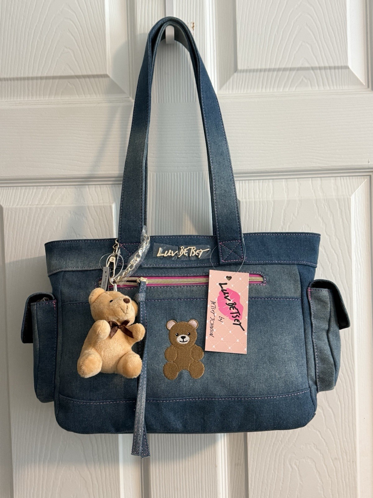 Luv Betsey Women’s Blue Tote w/ Teddy Bear Bag Charm, Zip Closure, Pockets