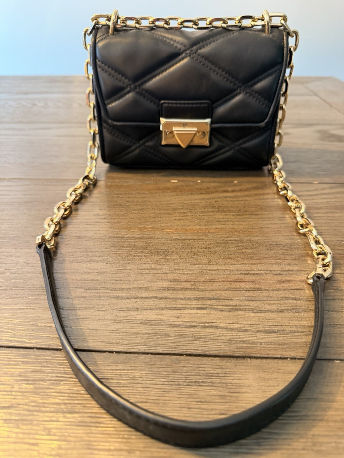 Black Small Quilted Crossbody Bag Gold-Tone Chain Strap Push Lock Closure