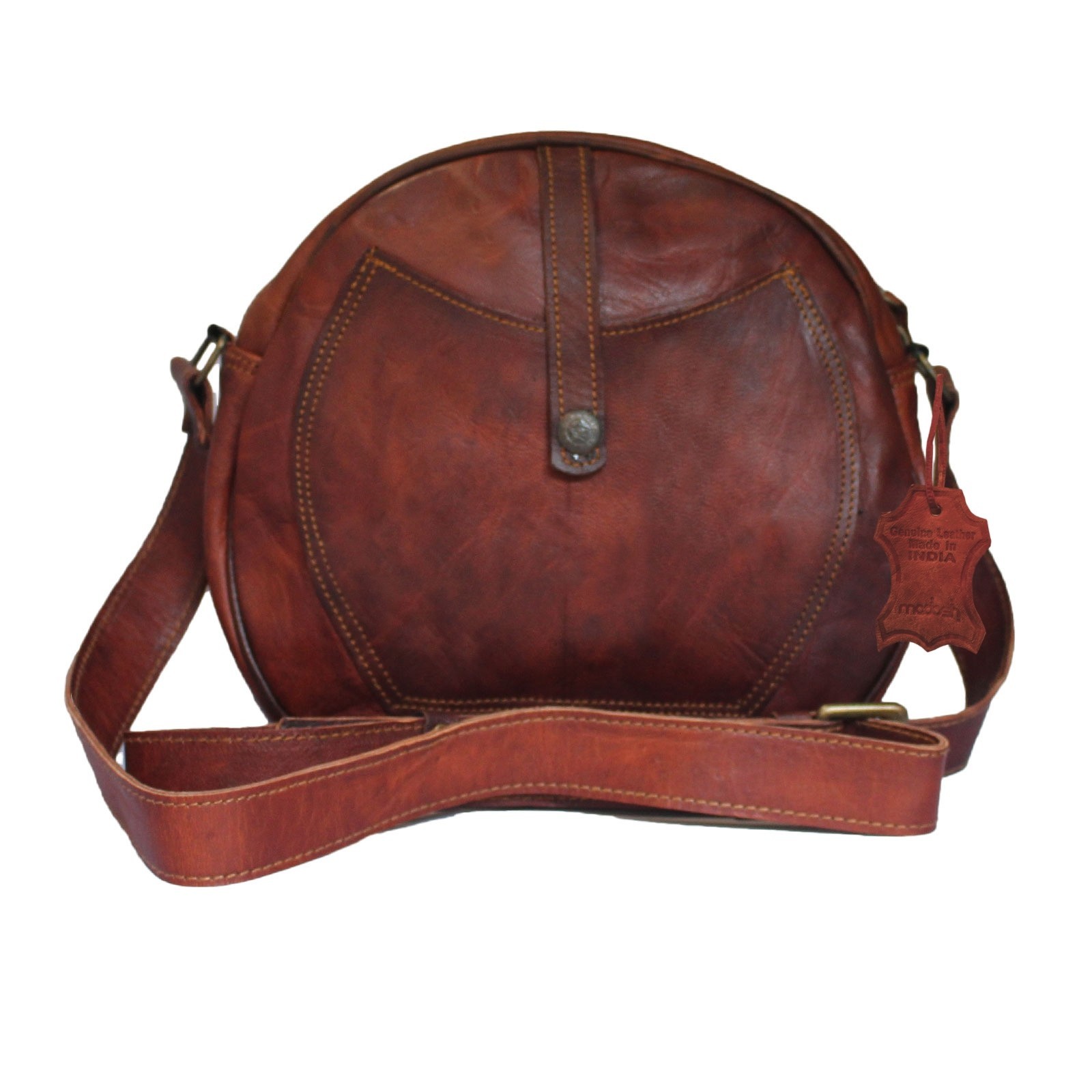 Women’s Genuine Leather Round Bag Brown Crossbody Shoulder Purse Medium Handbags