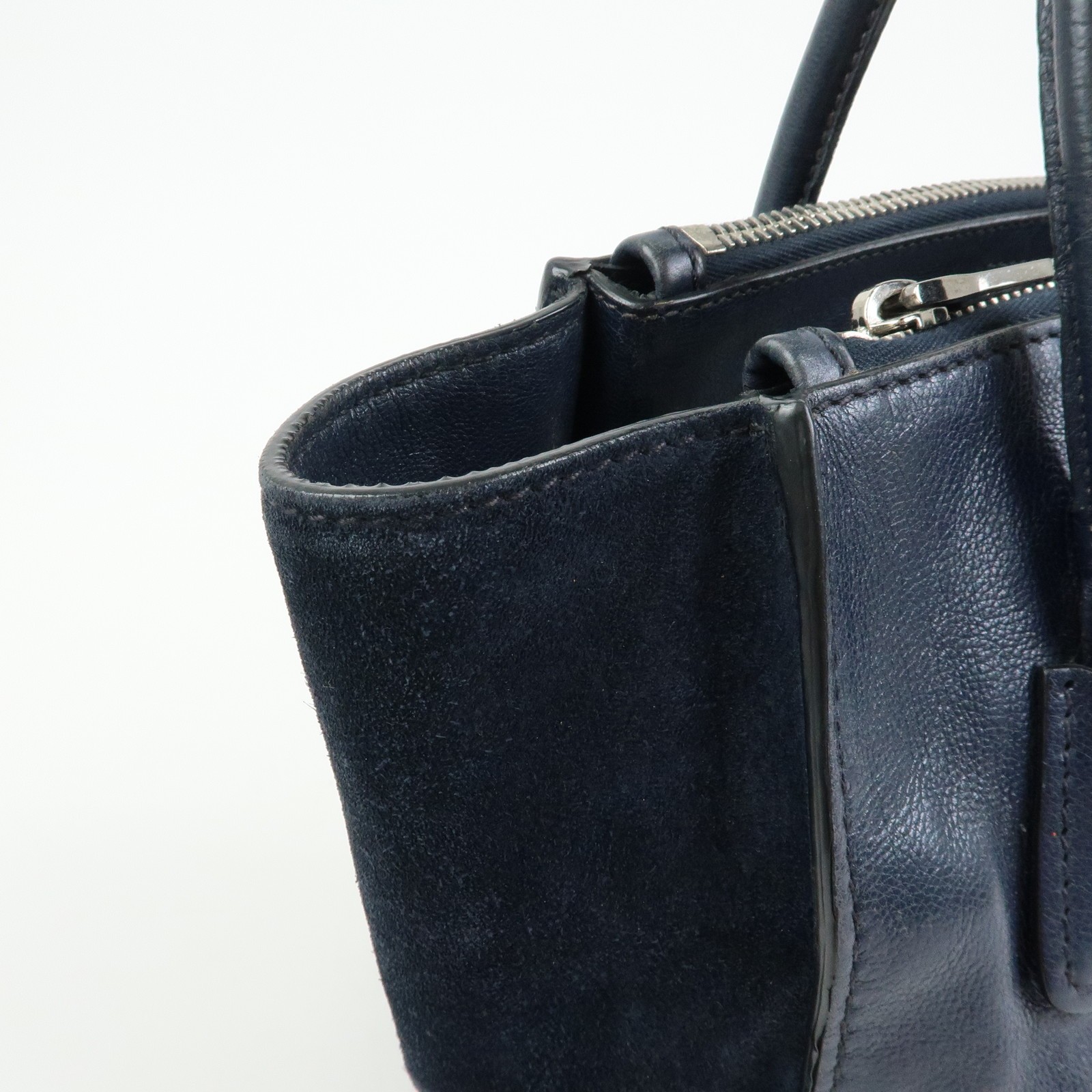 PRADA Triangle Logo Leather 2Way Bag Tote Bag Hand Bag Navy B2625M Auth Used F/S