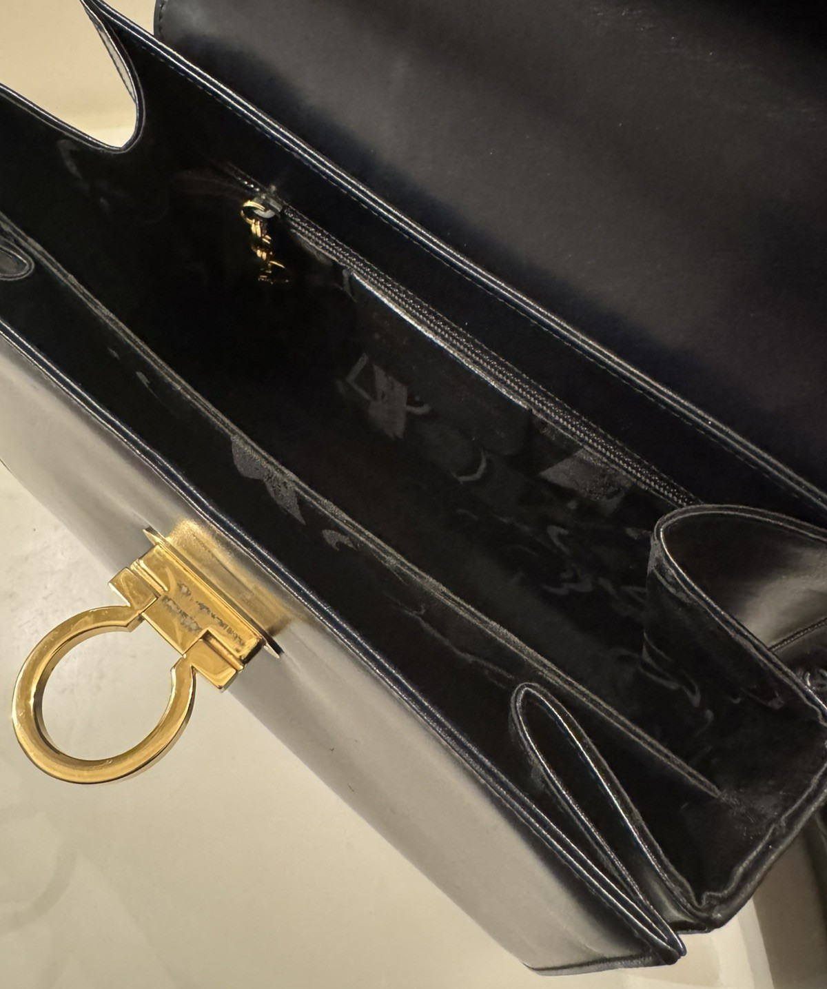 Salvatore Ferragamo Gancini Leather Hand Bag Black Gold Hardware