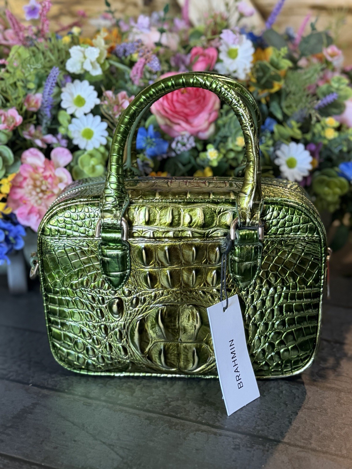 Brahmin Mara Cacti Green Satchel Pretty Eye Placement NWT Metallic Beauty