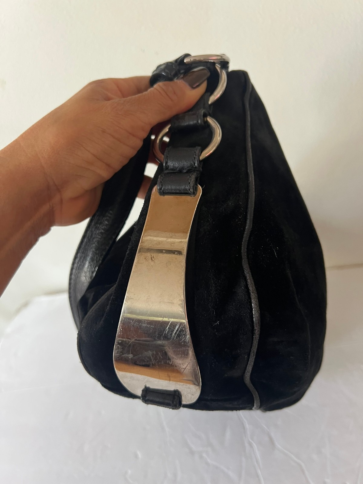 SERGIO ROSSI SUEDE SILVER METAL HARDWARE SHOULDER BAG