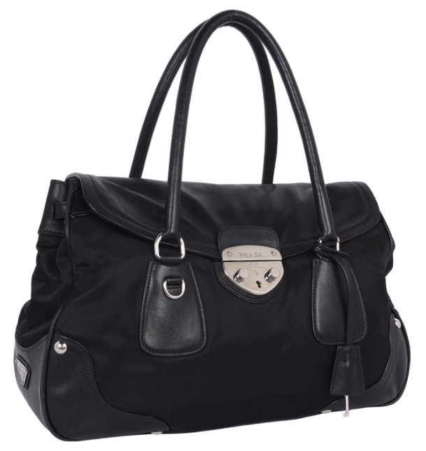 Prada Tessuto Nylon Vitello Foldover Pushlock satchel Black nero Shoulder Tags