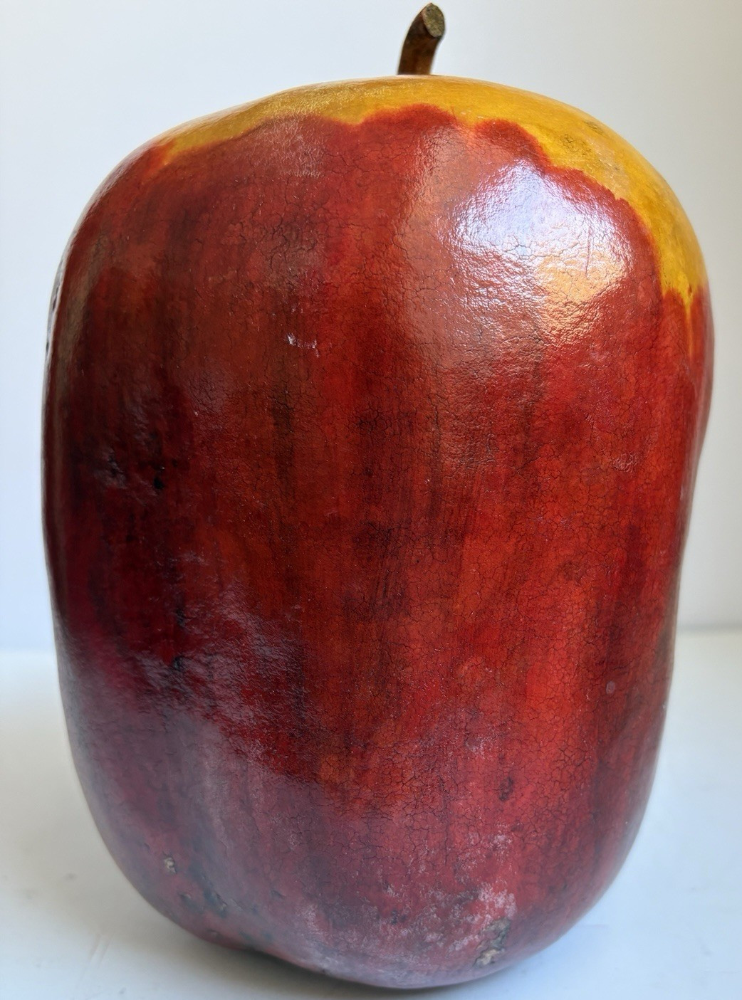 Whimsical Art Large Red and Gold Apple Made from a Hollow Squash ,8″ tall X 6″ W