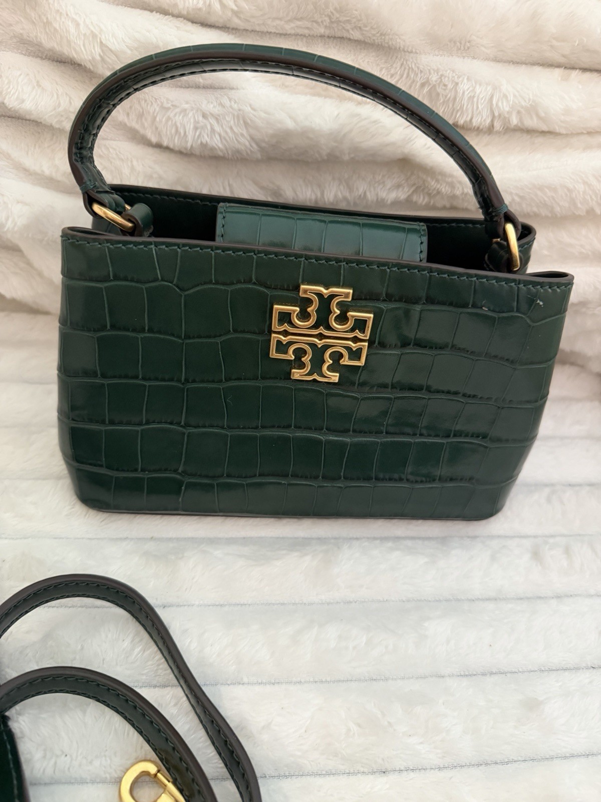 Tory Burch Emerald Green Britten Croc-Embossed Micro Satchel Top Handle Bag