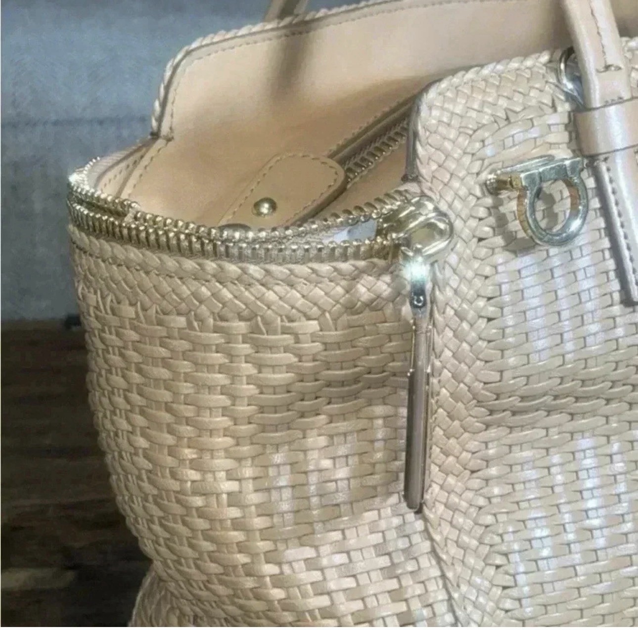 SALVATORE FERRAGAMO Woven, Designer Luxury Handbag, Camel, Leather Purse
