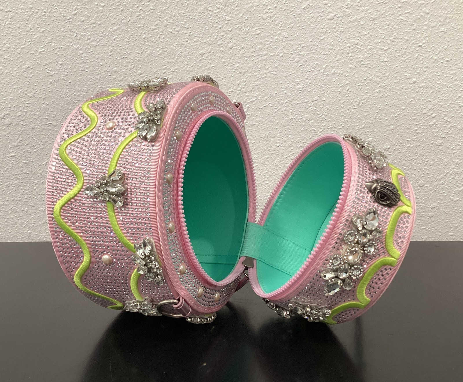 Kurt Geiger Small Cake 6″ x 6.5″ Pink Fabric Crystals Lime Icing Zip Crossbody