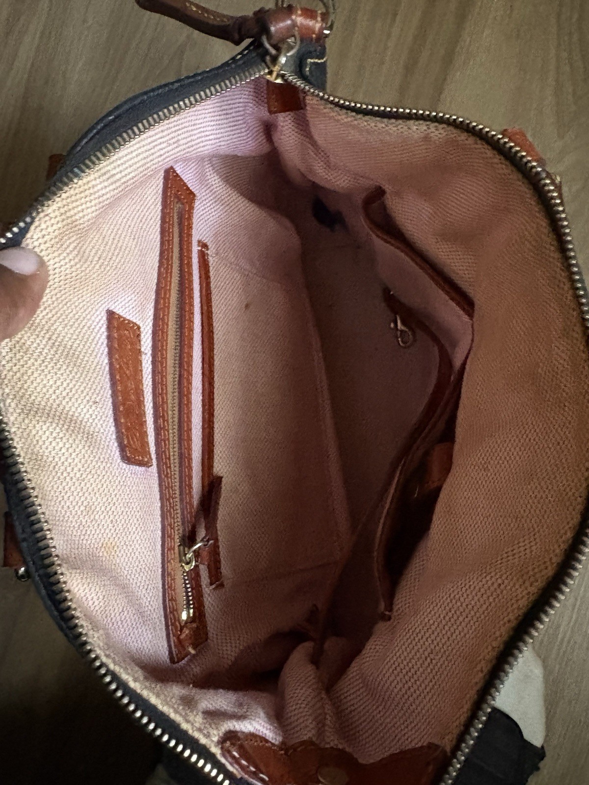 Dooney & Bourke Dillen Double Pocket Satchel Black With Tan Trim Zip Top