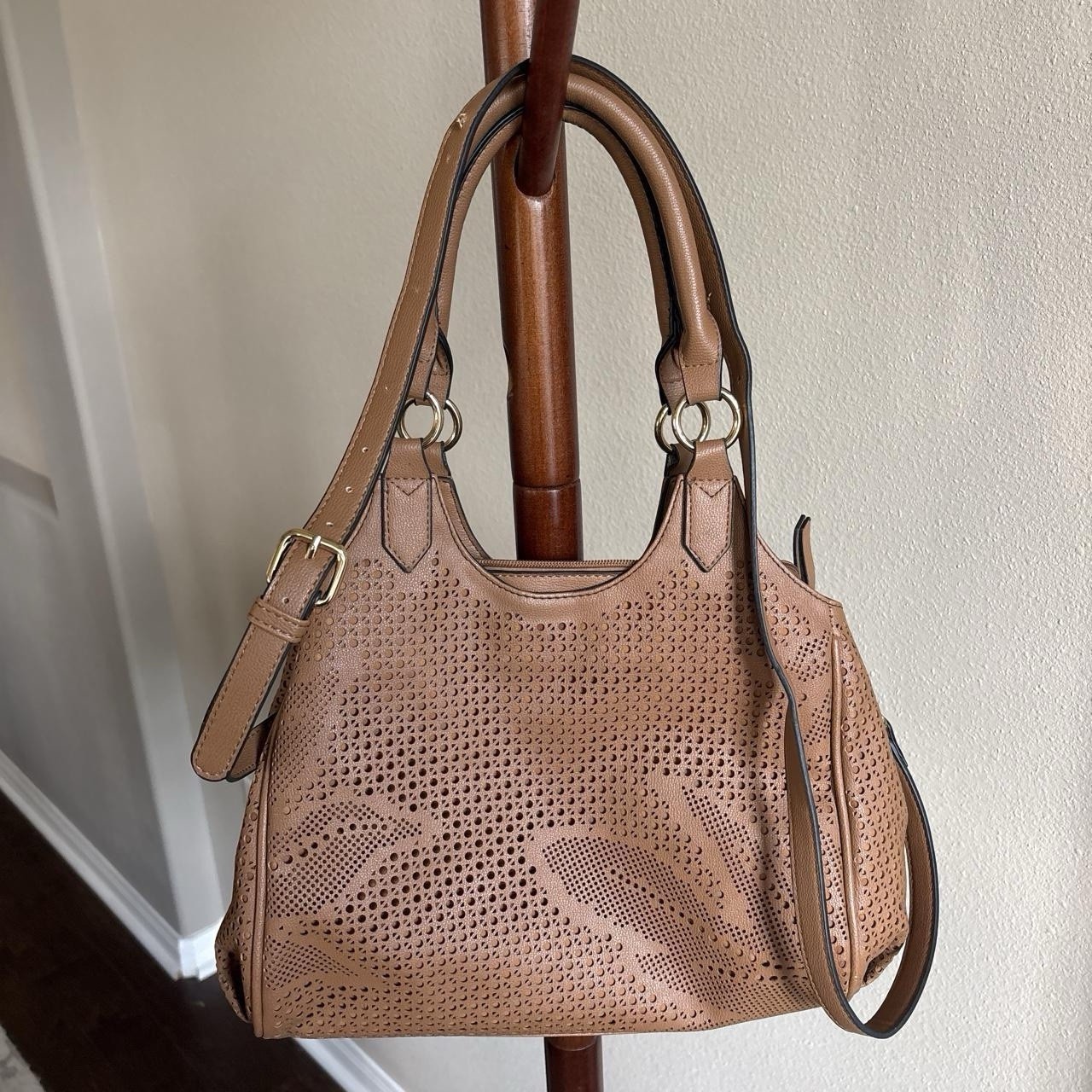 SevenDays Tan Perforated Satchel Top Handle Zip Bag w/ Detachable Strap