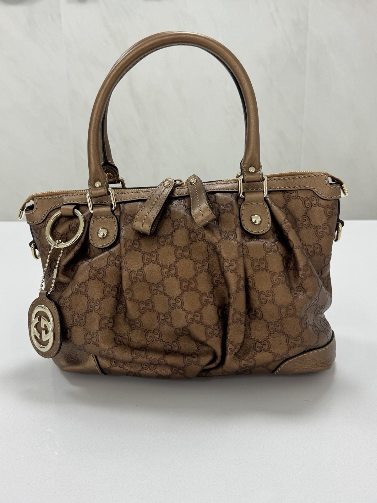 Gucci Sukey Medium Guccissima Bronze Leather Top Handle Bag