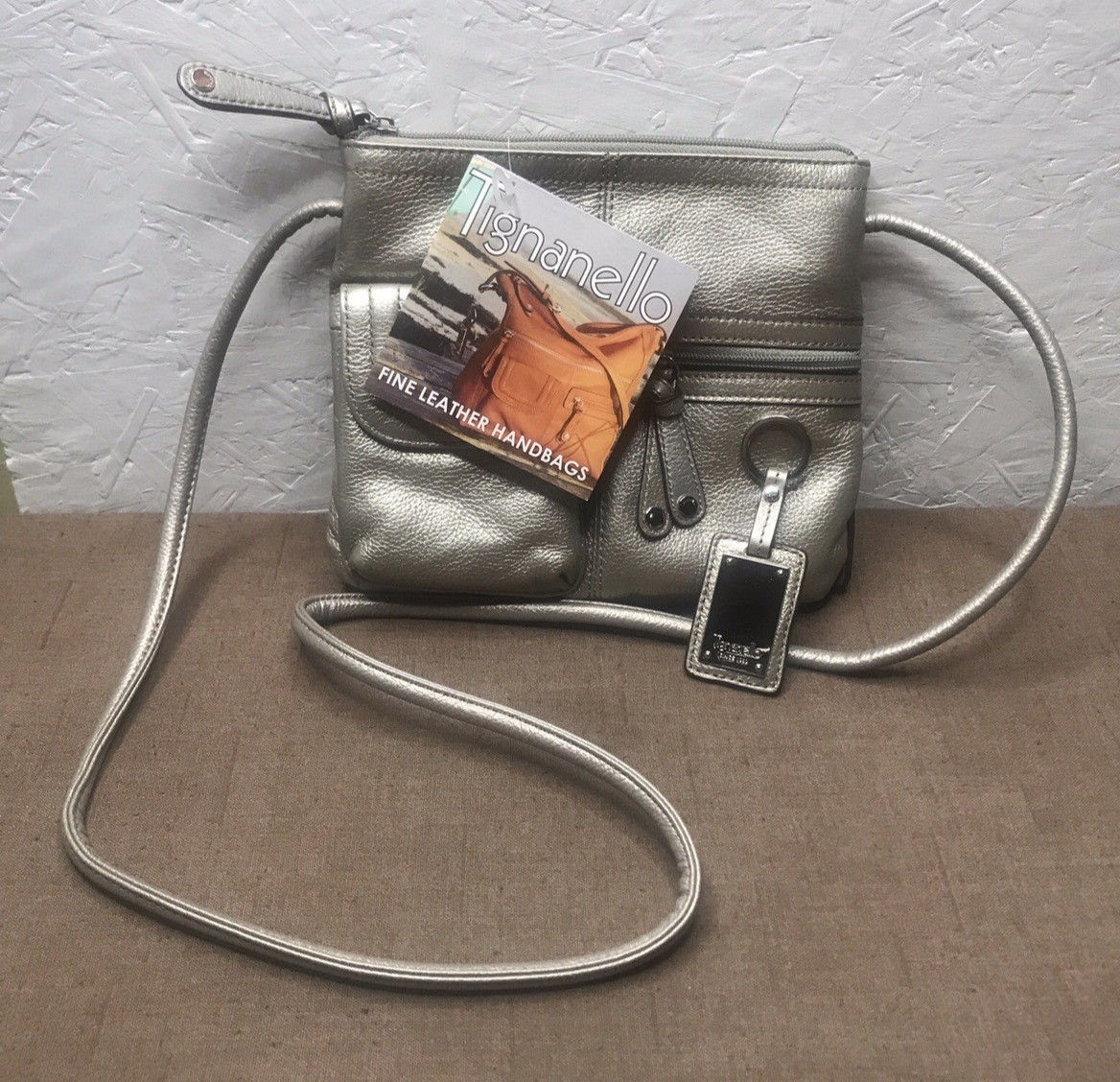 New Tignanello Hands Free Crossbody Organizer Purse Silver Leather with Keychain