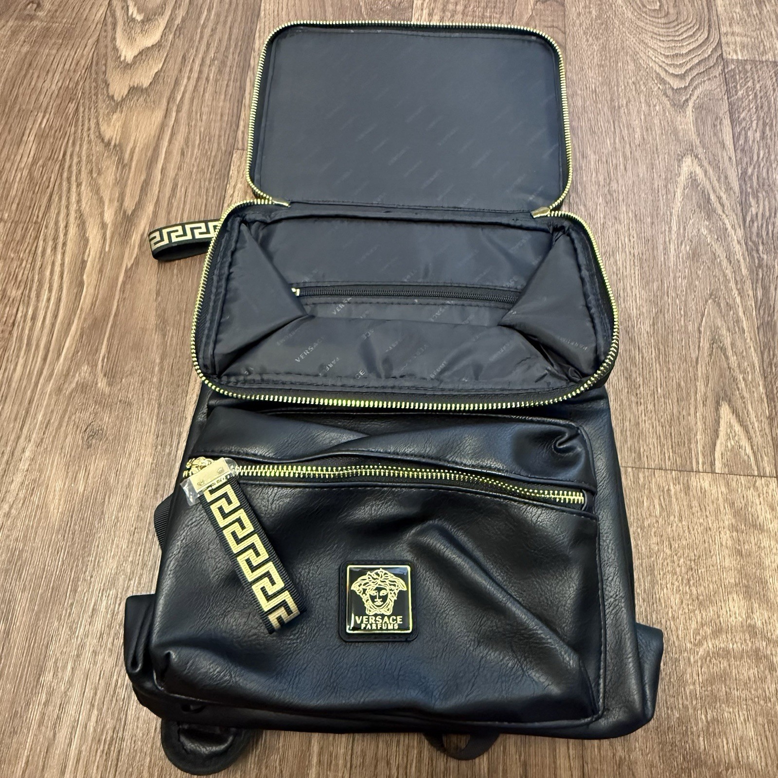 Authentic Versace Parfums Black Backpack Medusa Gold Greek Key Greca Straps