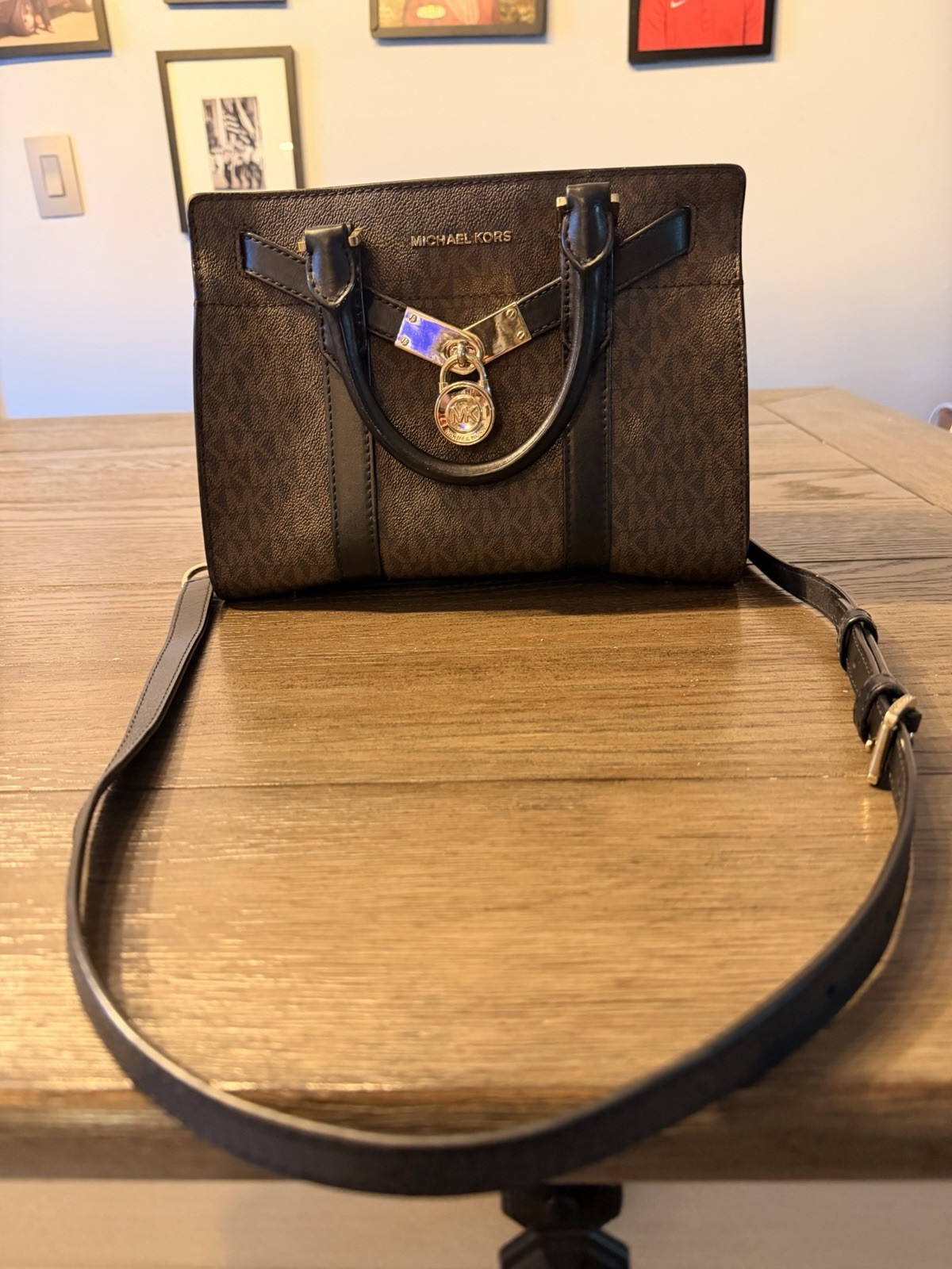 Michael Kors Brown/Black Logo Monogram Satchel Top Handle Zip Detachable Strap