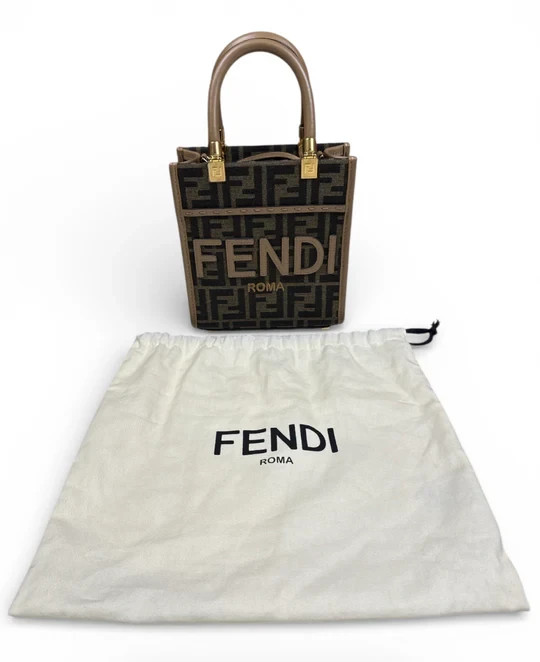 Authentic Fendi Roma Mini Zucca Canvas Shopper Bag Brown Leather Crossbody Mini