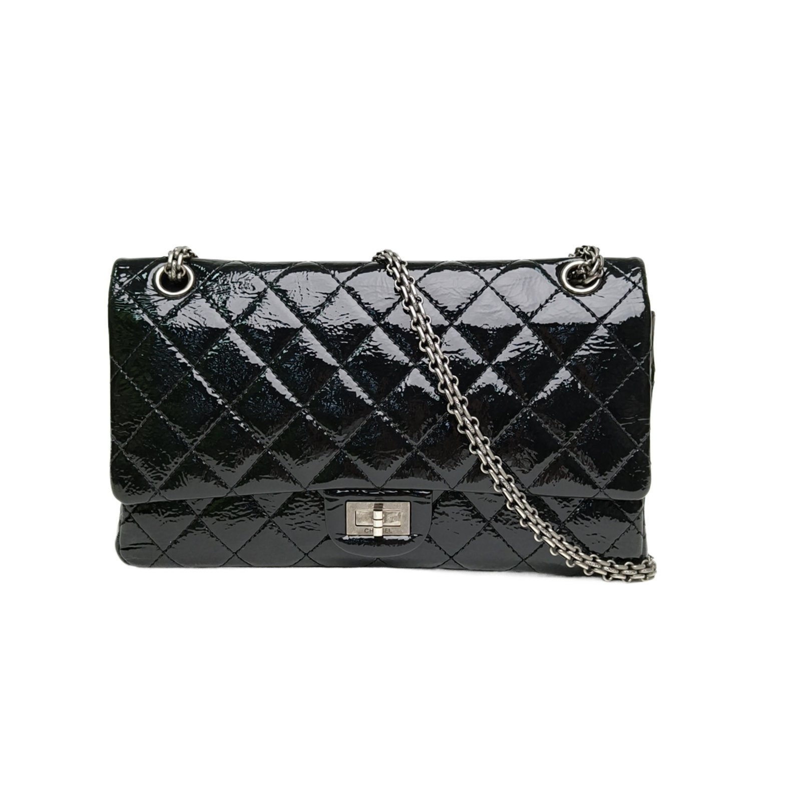 CHANEL 2.55 Flap Bag Large Size 28cm Black Patent Leather P226460753
