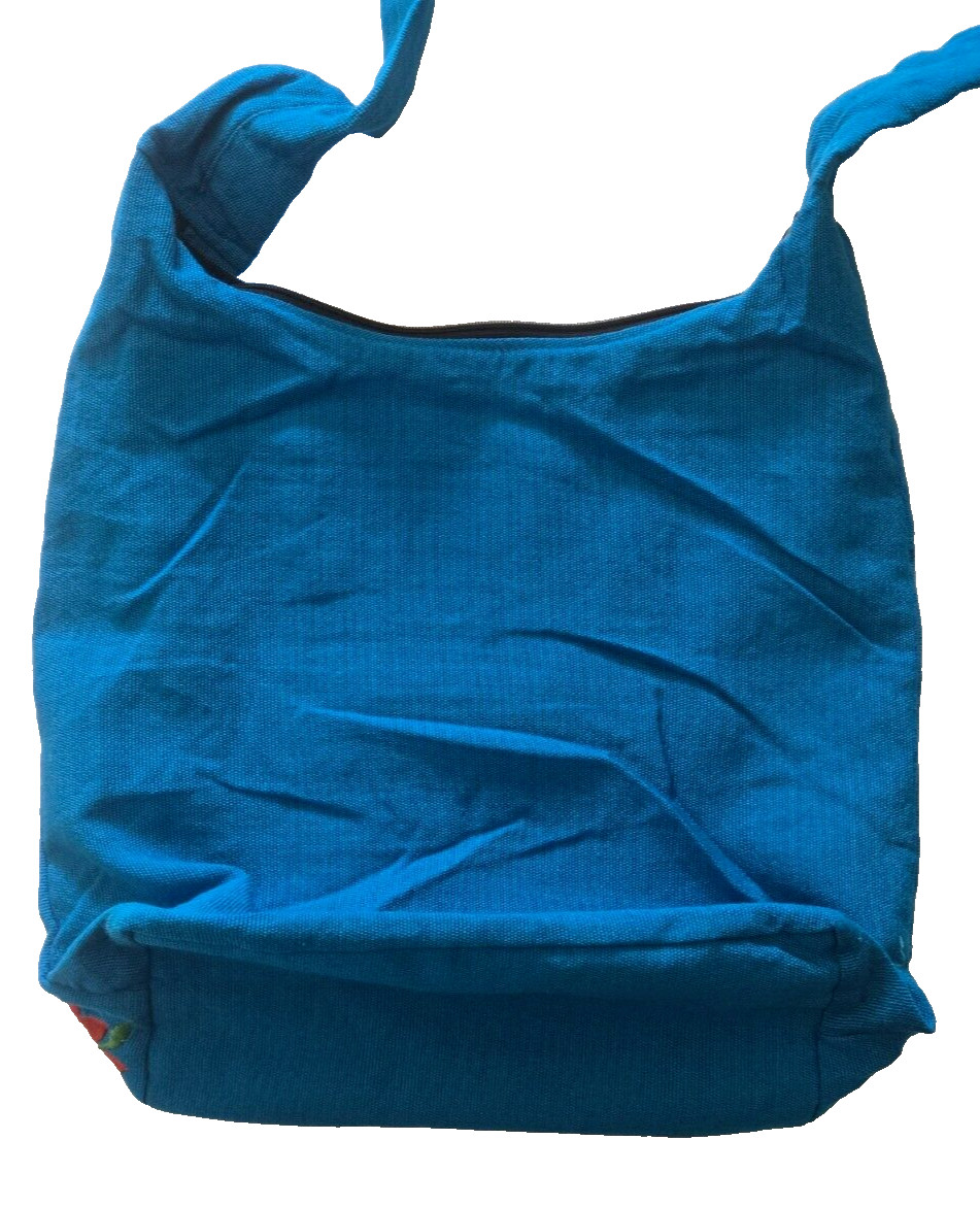 Guatemalan Shoulder Bag – Frida Kahlo with Cat and Monkey – Bright Blue Floral