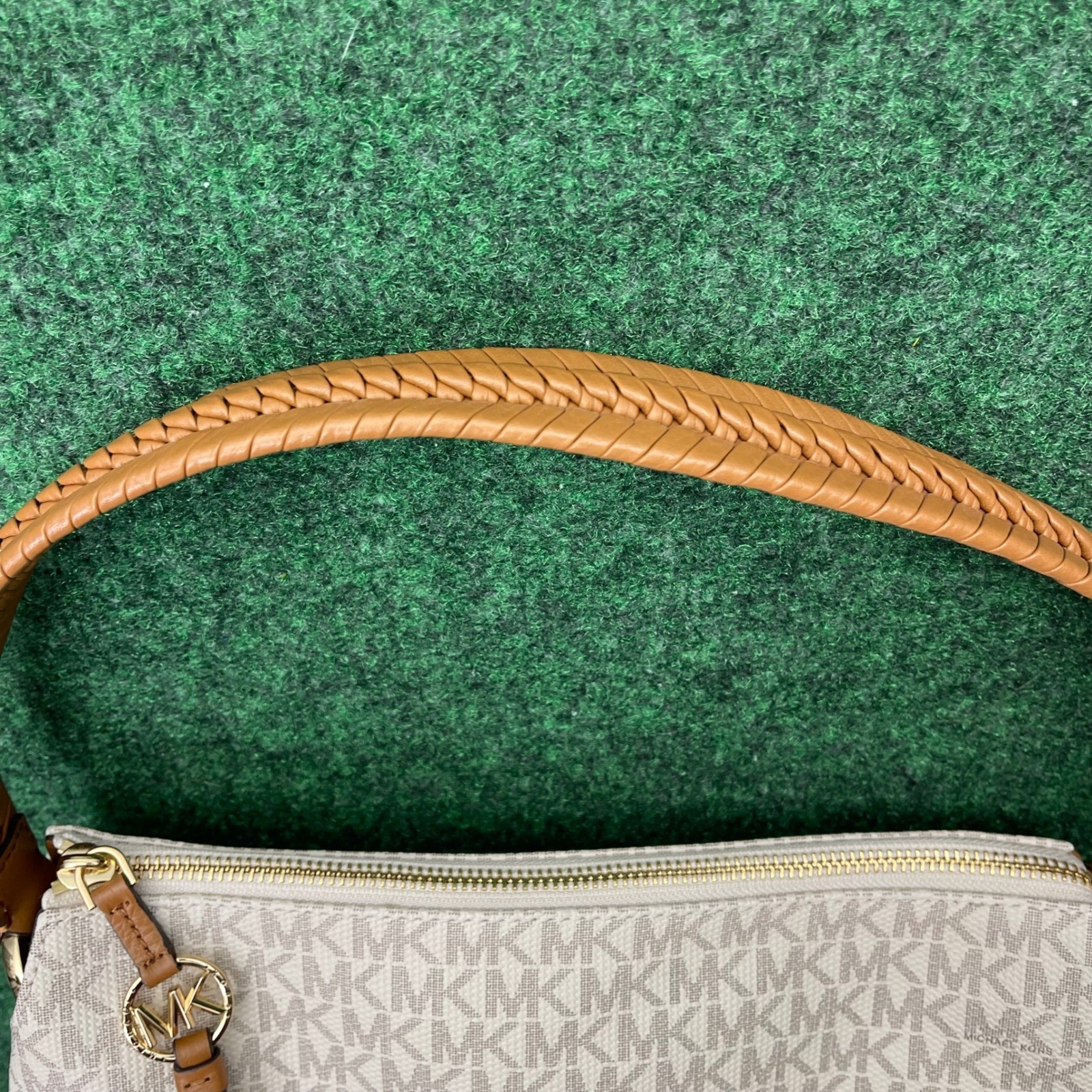 Michael Kors Cream MK Logo Print Shoulder Bag Braided Handle Designer Purse