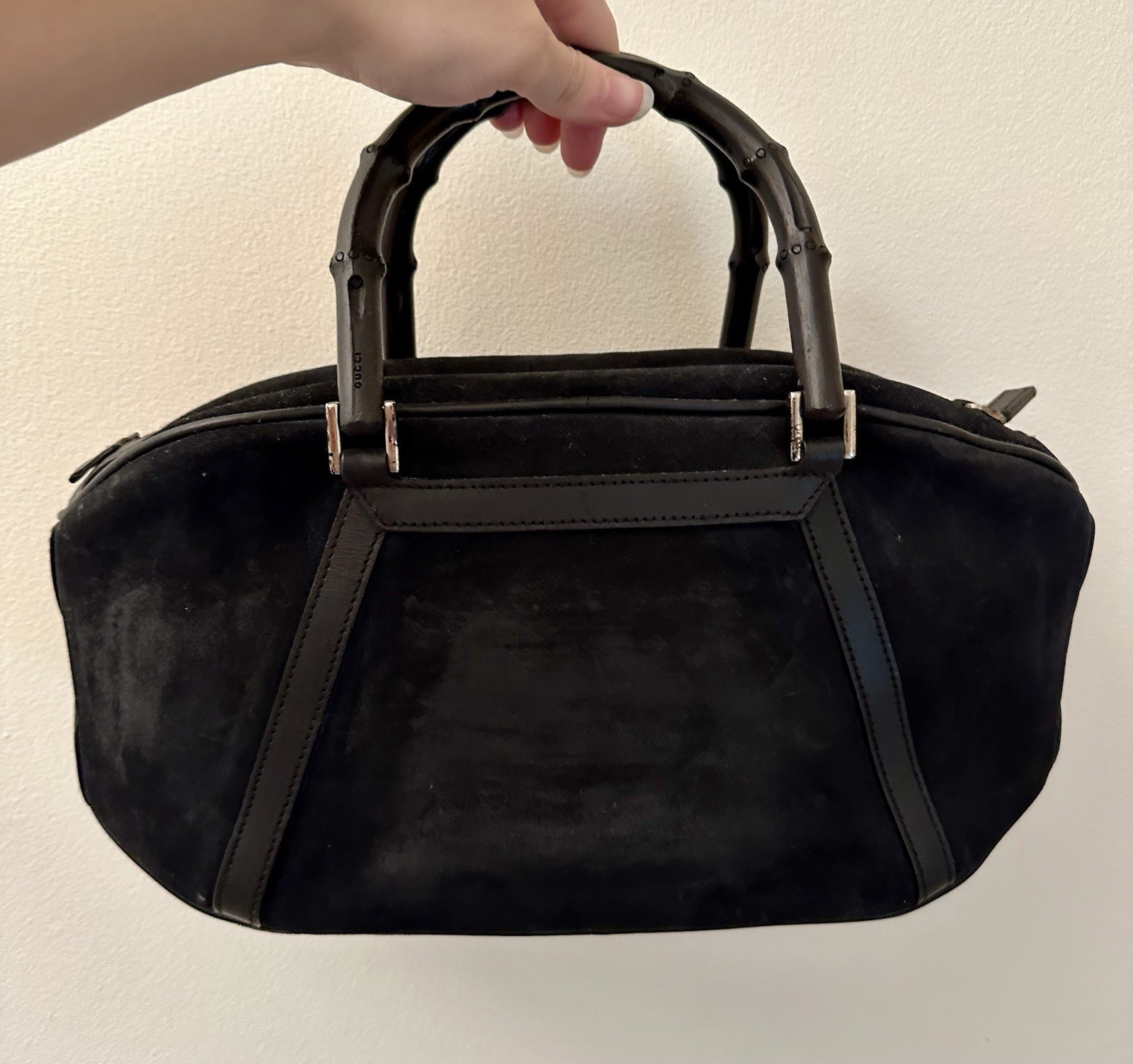 Vintage Early 2000s Suede Repainted Gucci Handbag Black With Silver Bamboo