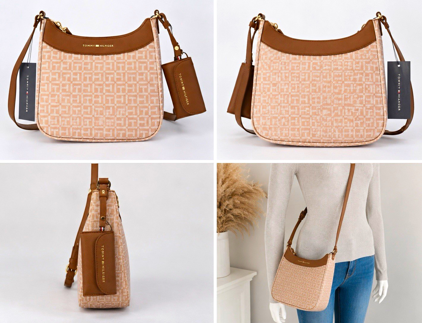 Tommy Hilfiger Beige Monogram Medium Crescent Crossbody Zip Brown Strap Pouch