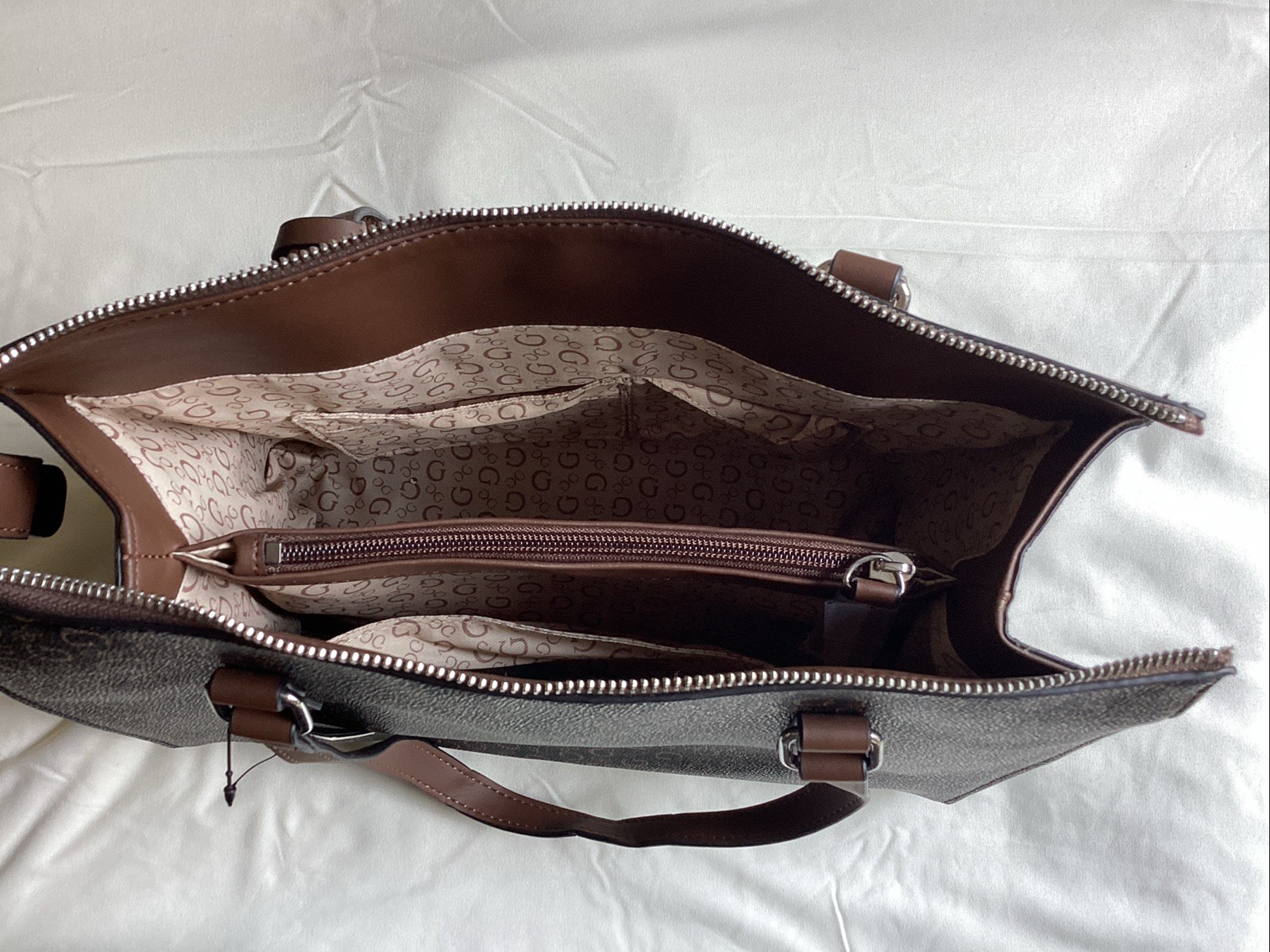Guess Monogram Logo Large Satchel Handbag Satchel Bag Brown 11″ in x 13″ in