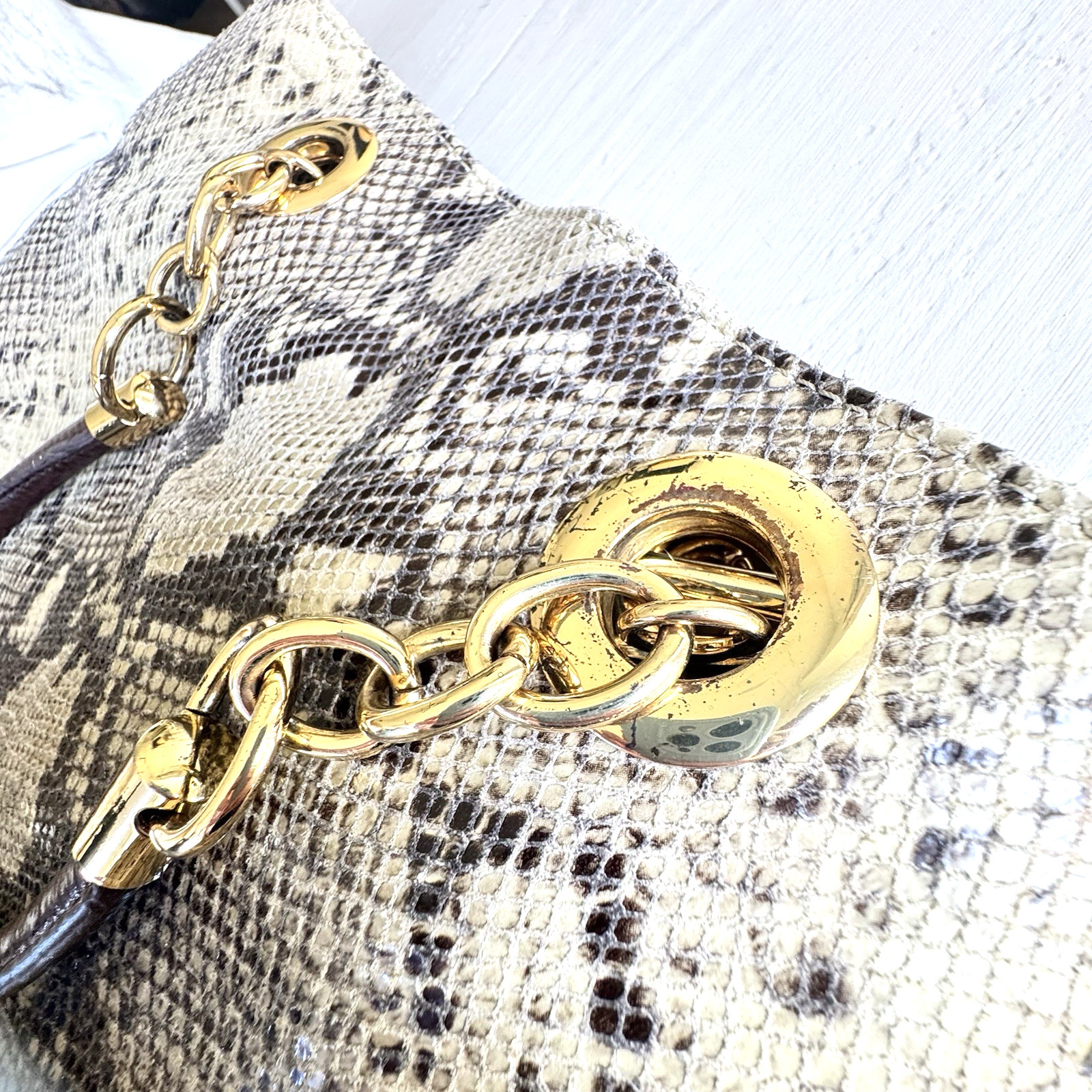 Cynthia Rowley Large Snake Print Leather Tote Handbag Gold Tone Dust Bag