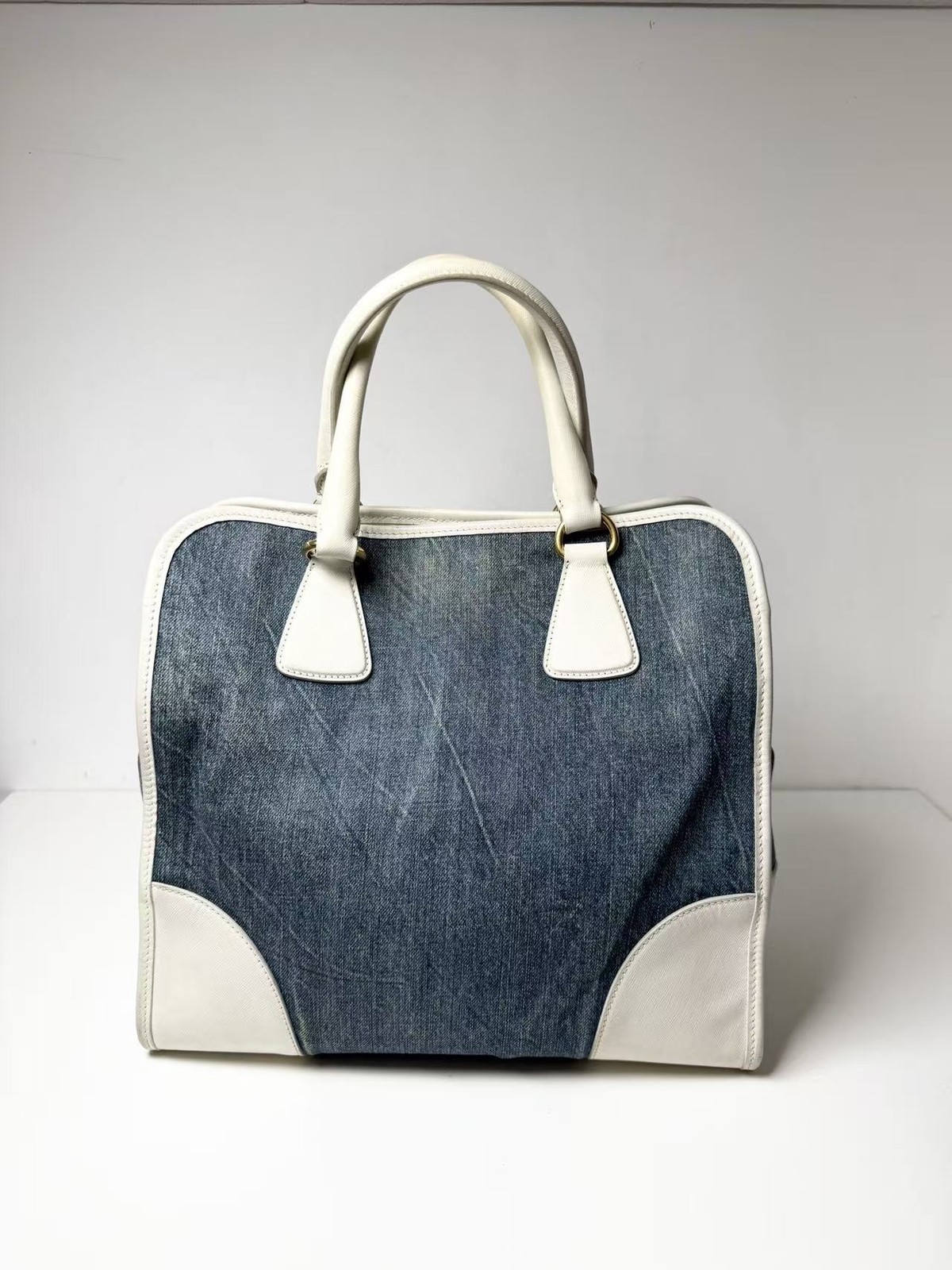 Authentic Prada Denim White Leather 2-Way Shoulder Tote Bag Italy