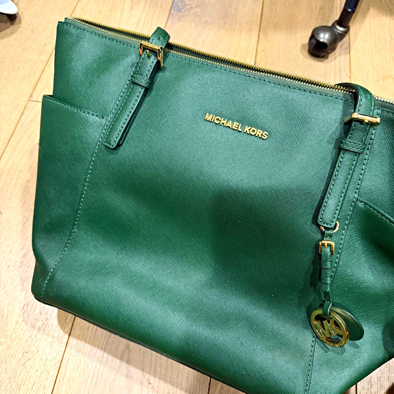 Michael Kors Green Zip Top Tote Gold Hardware MK Charm Studs Outer Pockets