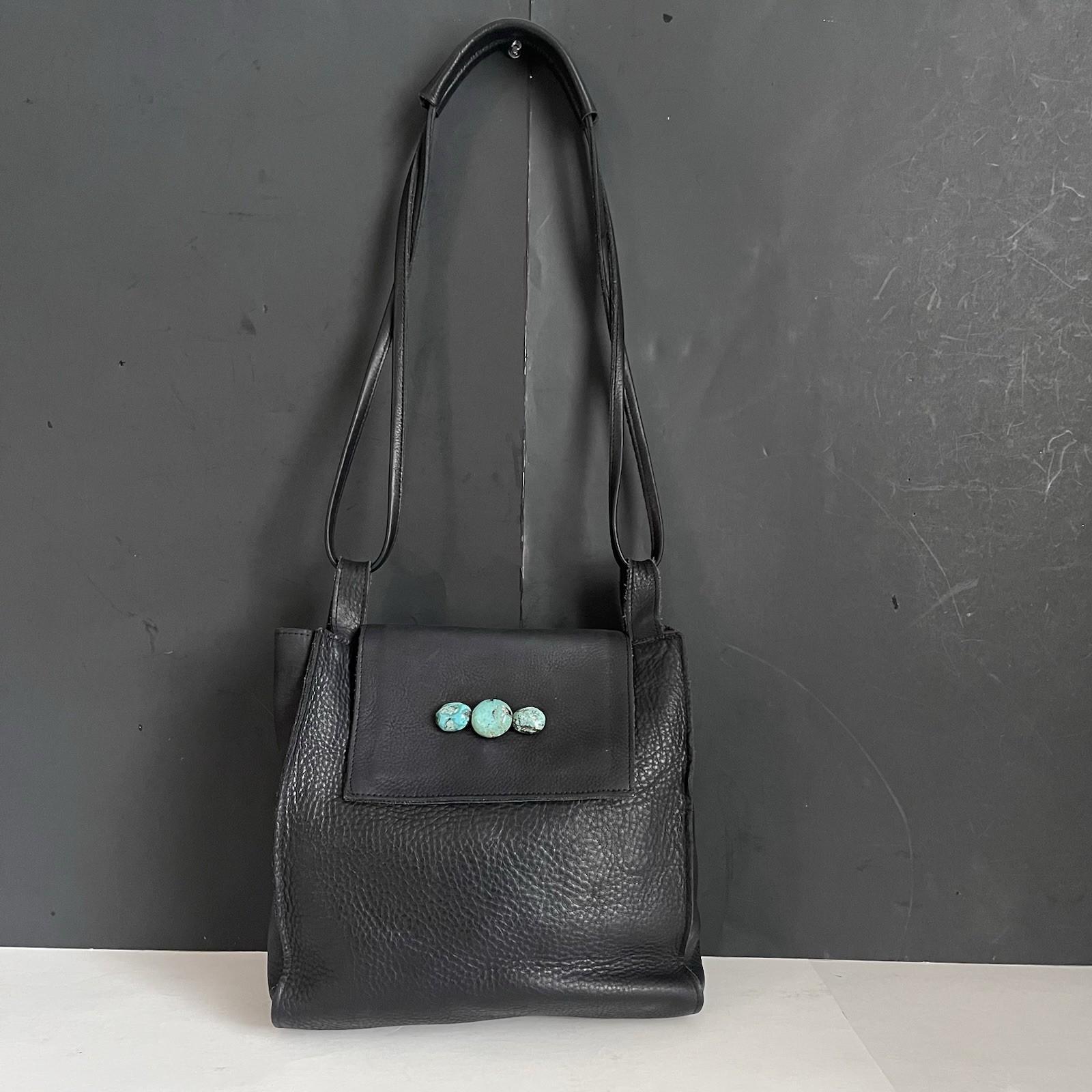 Two Bar West Black Leather Bag with Turquoise Accents Shoulder Bag