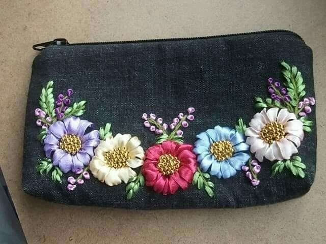 Handmade Ribbon Embroidery Floral Purse | Elegant Zipper Pouch | Gift for Women