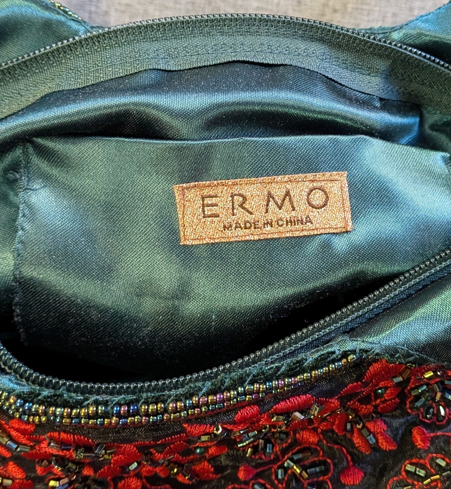 Vintage Ermo Beaded Embroidered Shoulder Bag Green Velvet Red Floral Sequins