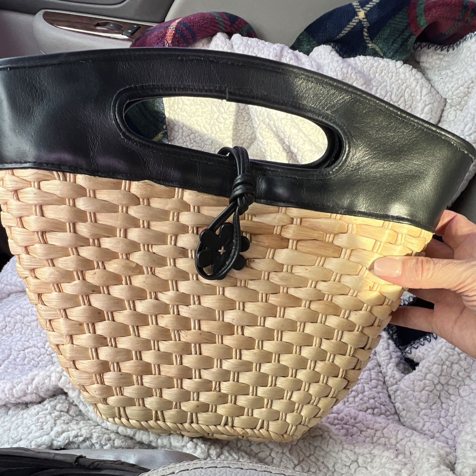 Women’s Beige/Black Woven Wicker Top Handle Bag Black Leather Handle Gingham