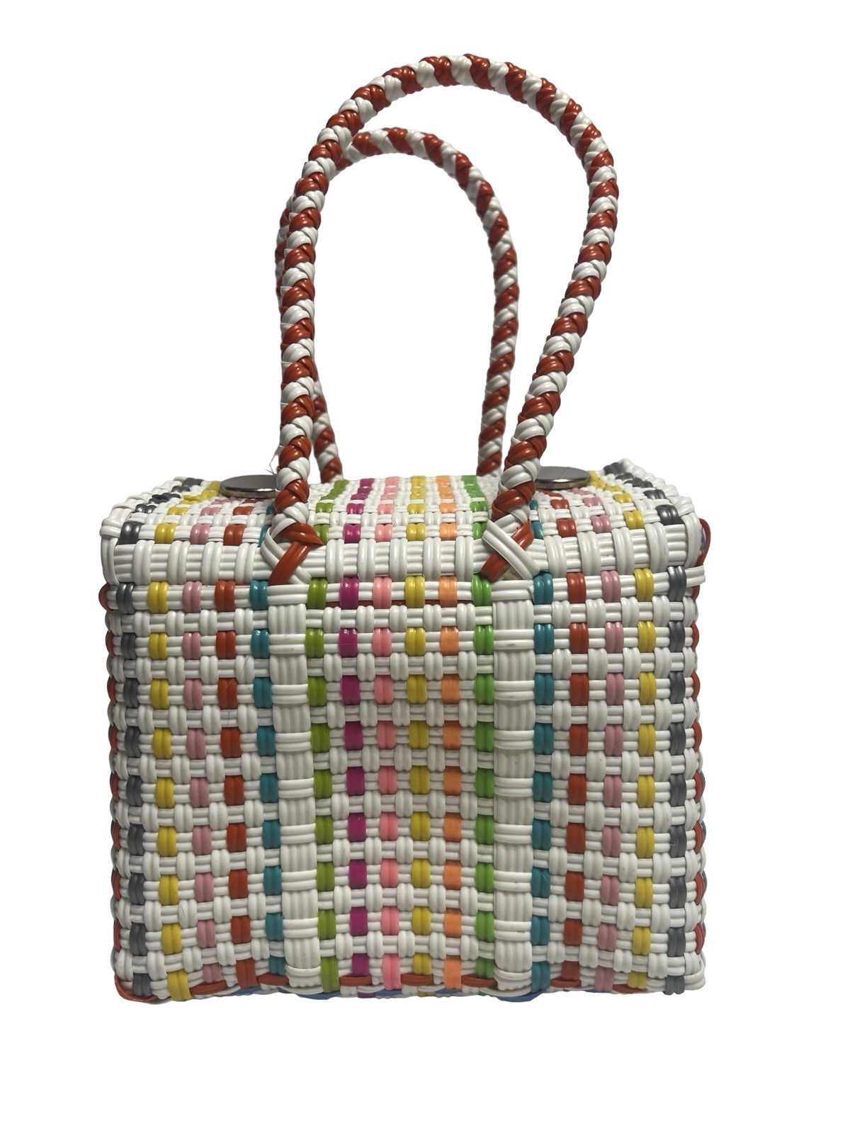 Vtg Colorful Artisan Handwoven Recycled Plastic Purse Hand Bag Tote Lightweight