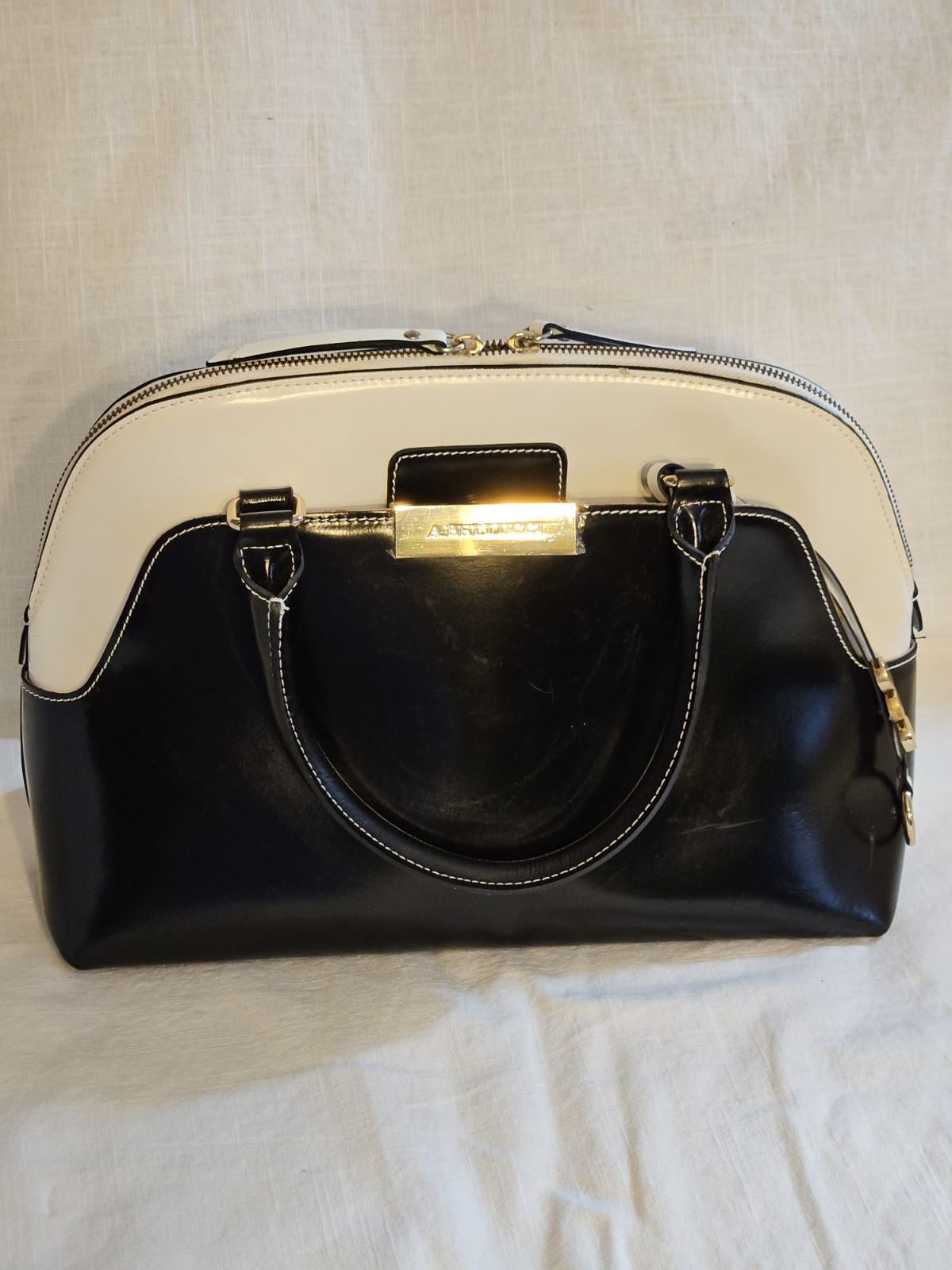 A. Bellucci patent leather black and white satchel handbag