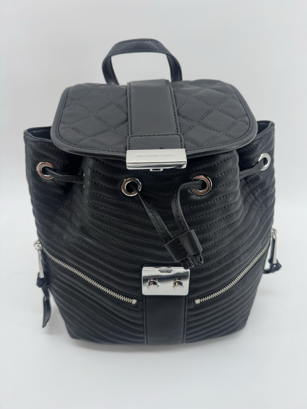 Michael Kors Medium Black Quilted Backpack Drawstring Push Lock Silver Pouch
