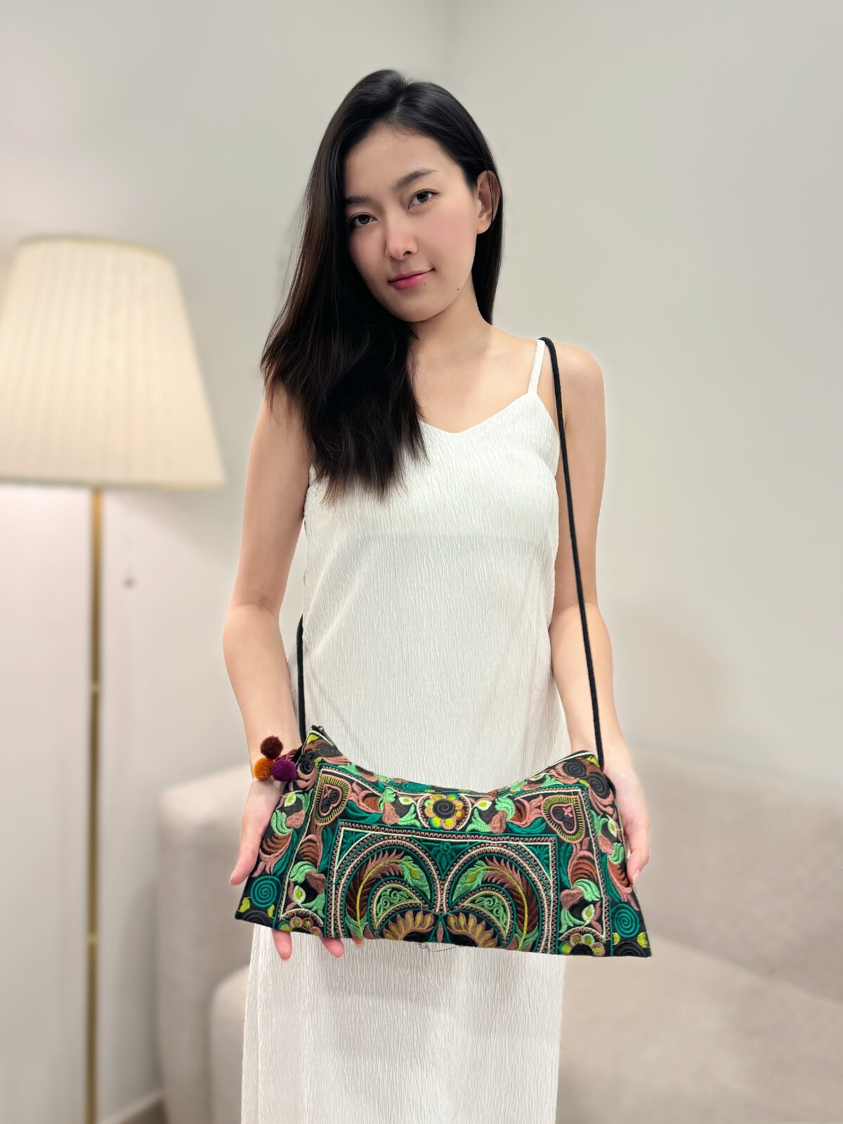 Authentic Crossbody Bag for Women, Handmade Purse with Pom Pom, Ethnic Handbag