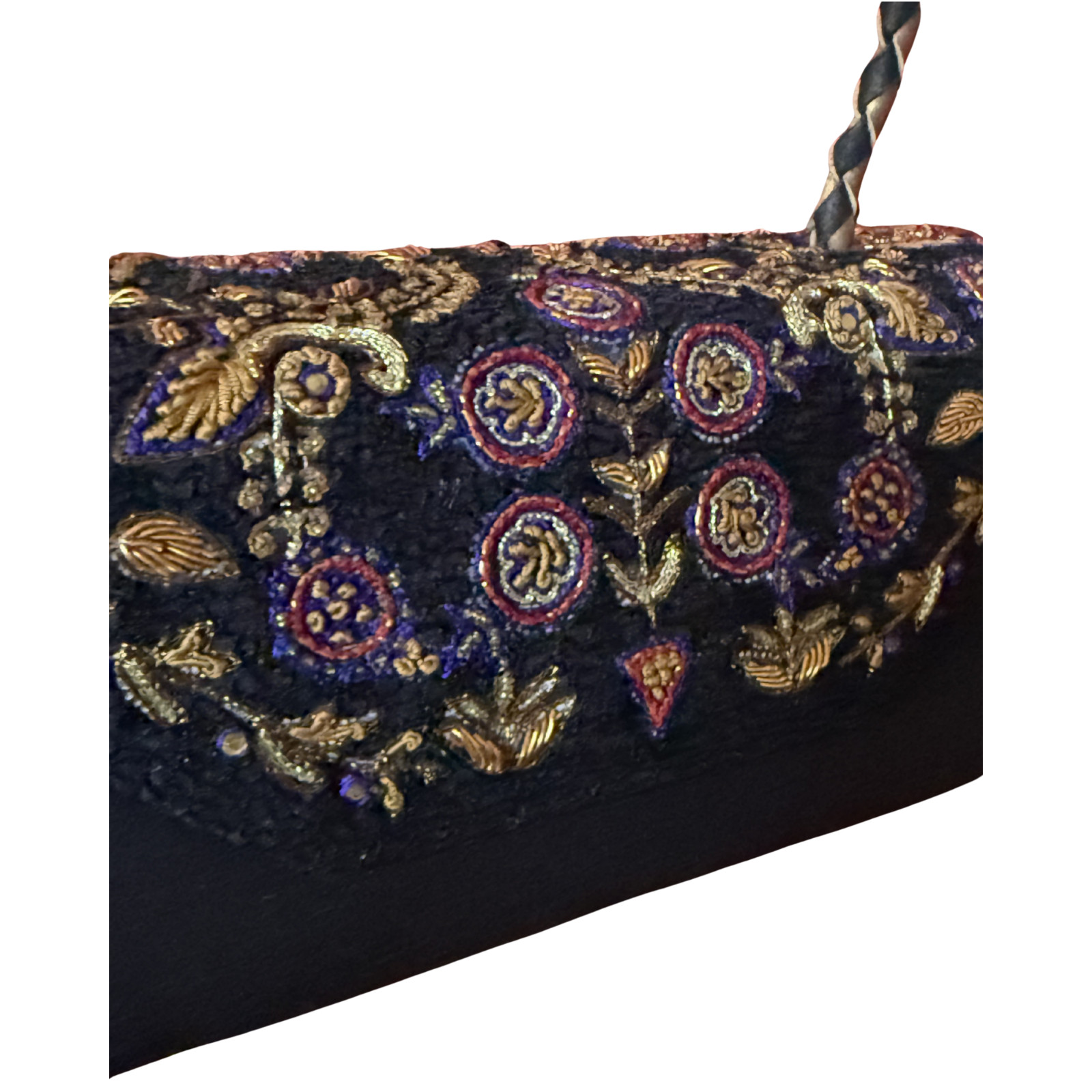 Black Silk Zardozi Hand Embroidered Baguette Handbag Y2K Boho Party Evening Bag