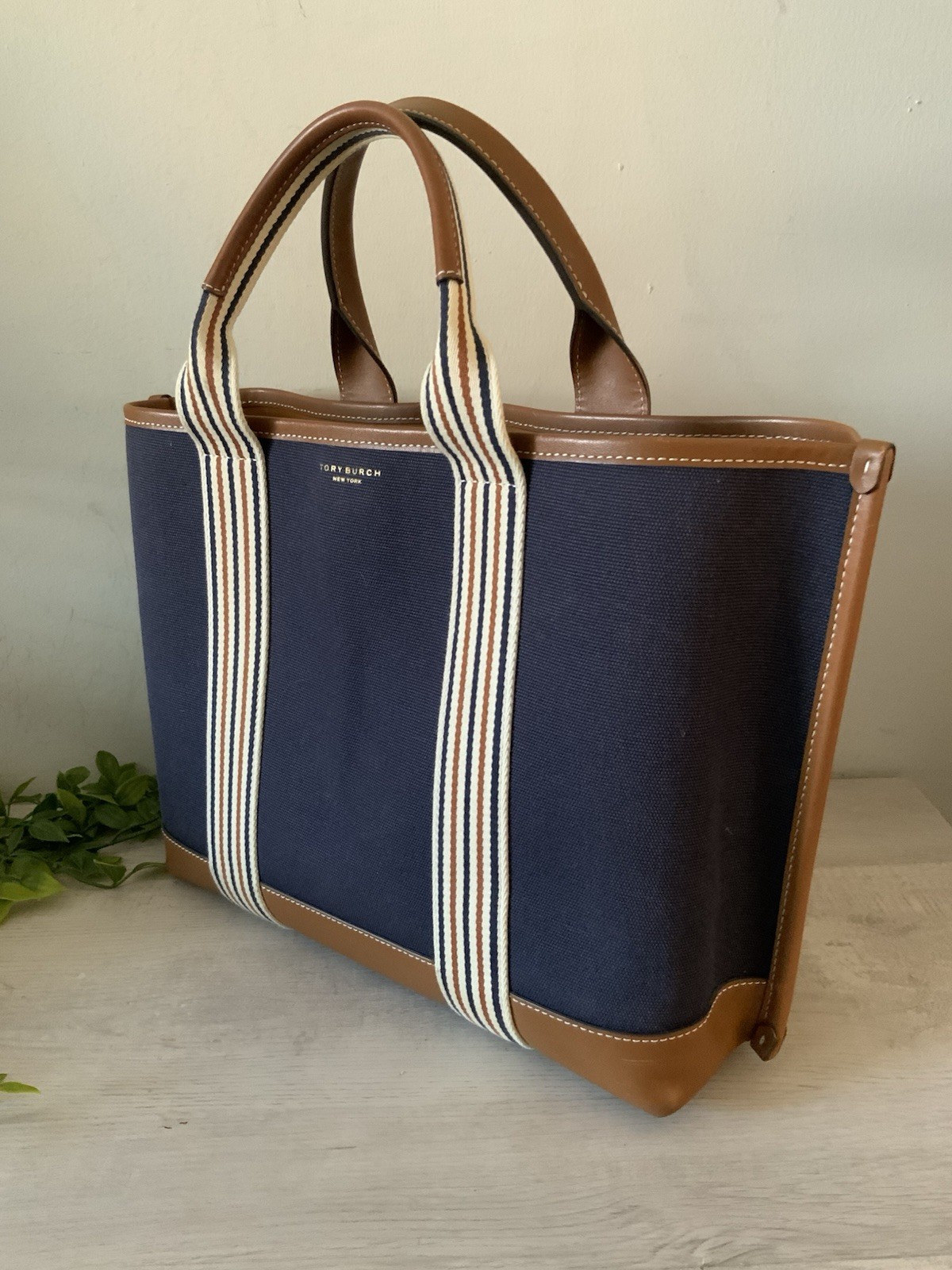 TORY BURCH PERRY MULTI STRIPE LOGO CANVAS & LEATHER TOTE BAG