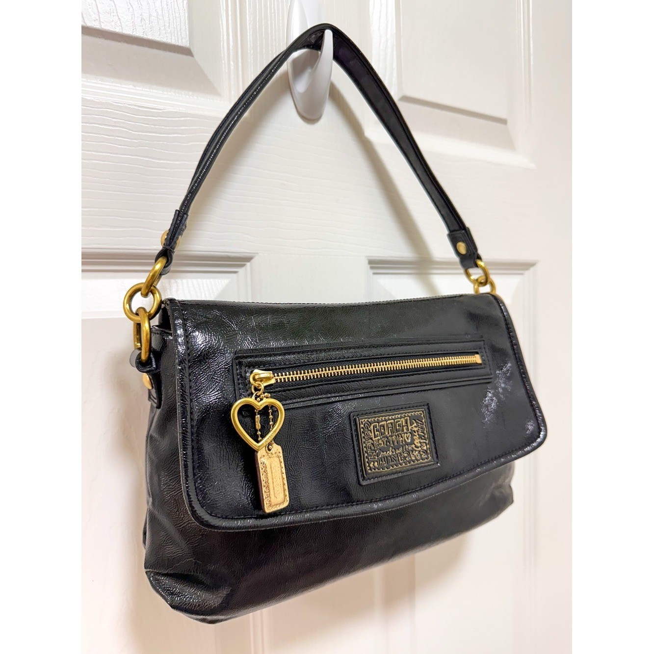 Coach Poppy Glam Flap Shoulder Bag Black Patent Leather Crossbody