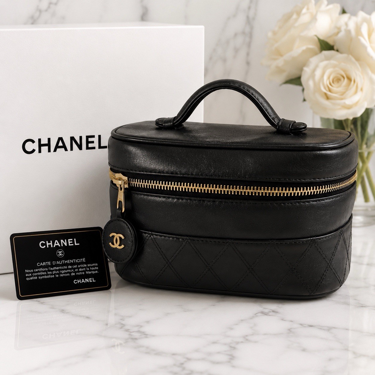 Authentic Chanel Black Lambskin Quilted Vanity Cosmetic Case Train Case Gold HW