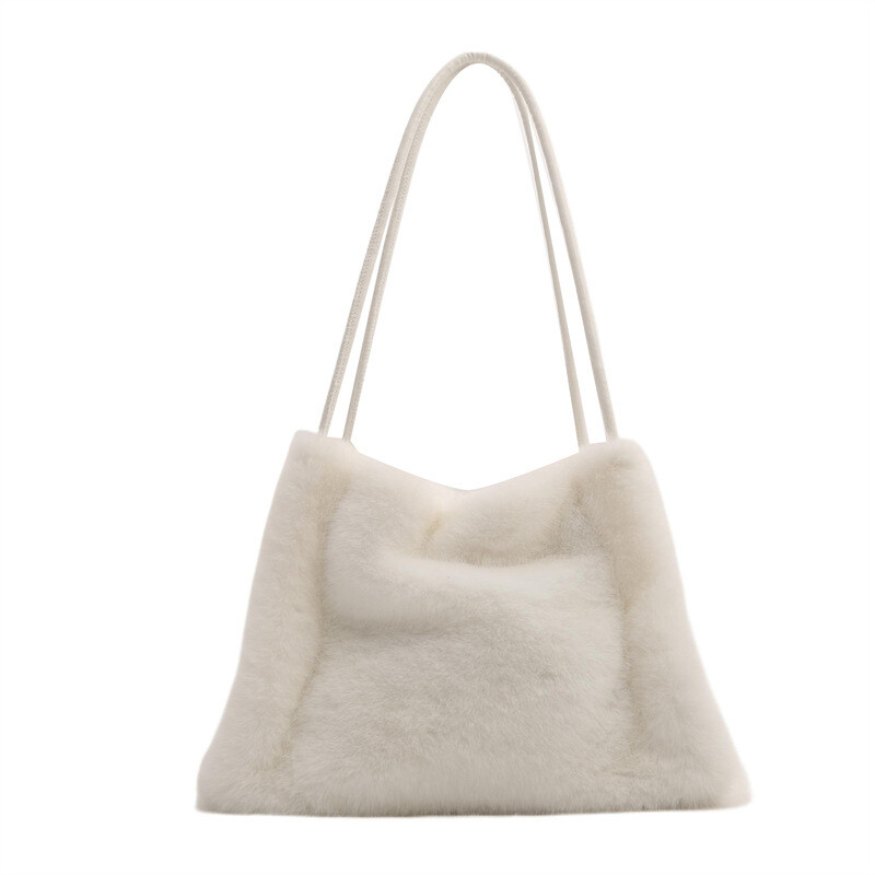 Womens Winter Plush Bag Versatile Furry Shoulder Bag Tote Bag White Black